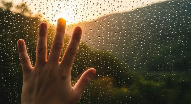 Fingers touching a window with raindrops on it at sunset