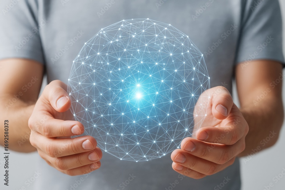 Wall mural man holding glowing digital sphere made of interconnected light nodes with abstract technology netwo