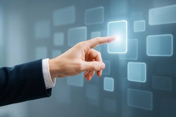 Businessman hand touching glowing digital button on futuristic touchscreen interface in modern technology concept with blue background light effect.