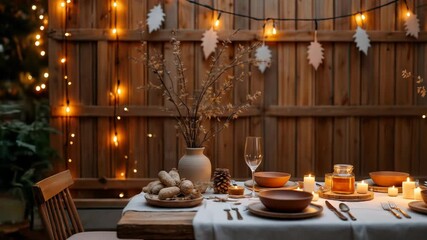 Cozy outdoor sukkot dinner table setup with warm string lights, autumn leaves decorations, and traditional food