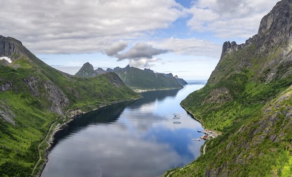 View of &Oslash;yfjorden fjord and mountains, fjord landscape with mountain peaks, hike to Barden mountain, Senja, Norway