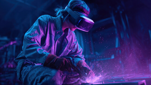 Futuristic female welder in vr headset illuminated by neon pink and blue lights while working with sparks in workshop - Powered by Adobe