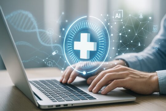Digital healthcare innovation concept with futuristic medical interface and AI network on light background showing technology integration in health systems.