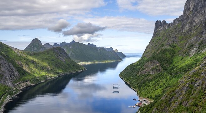 View of &Oslash;yfjorden fjord and mountains, fjord landscape with mountain peaks, hike to Barden mountain, Senja, Norway