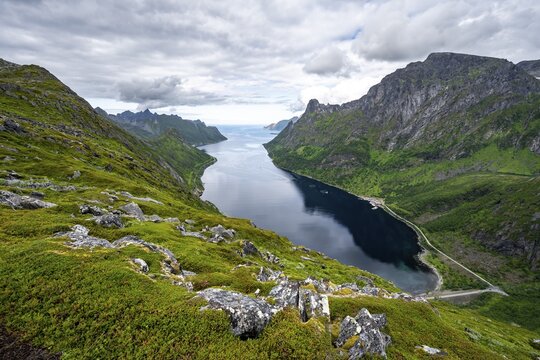 View of &Oslash;yfjorden fjord and mountains, fjord landscape with mountain peaks, hike to Barden mountain, Senja, Norway