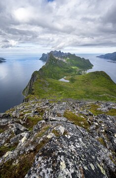 View of fjords &Oslash;yfjorden and Mefjorden, mountains on the headland of Fjordg&aring;rd, view from Barden mountain, Senja, Norway
