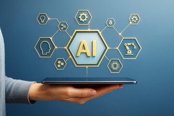 Artificial intelligence digital interface icons above tablet in hand on blue tech background illustrating future technology and innovation concept.