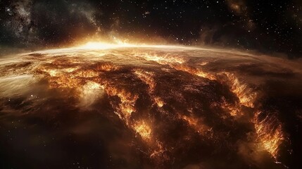 A massive floating landmass crumbling in space, ancient layers disintegrating into stardust.