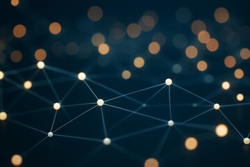 Glowing network nodes connected by lines with blurred light bokeh in the background on dark blue backdrop illustrating digital connection concept. Ai generative