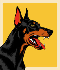 Obraz na płótnie Canvas Black doberman dog with open mouth. Retro vector illustration for poster design.