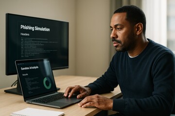 Professional man analyzing phishing simulation results on laptop and monitor in modern office with natural light and neutral background. Ai generative
