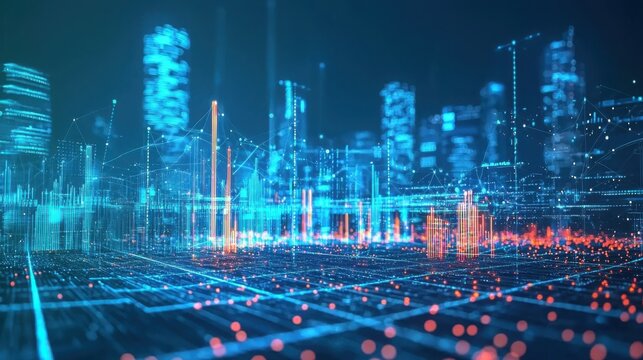 Vibrant cityscape bursting with data flow and digital connectivity symbolizing next-generation predictive modeling