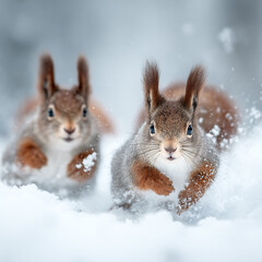 Obraz premium Close Up of Squirrels Jumping in Fresh Snow