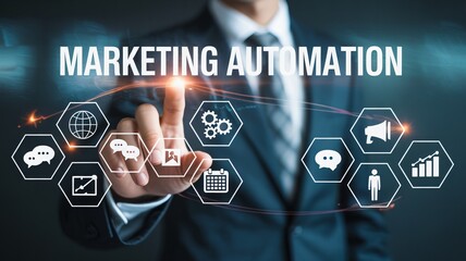 Businessman interacts with marketing automation icons, boosting business growth