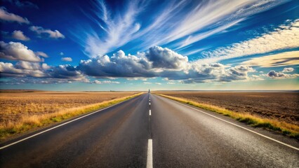 Naklejka premium Endless Asphalt Pathway Under a Dramatic Sky with Fluffy Clouds and Golden Fields