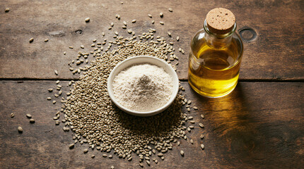 Hemp Flour and Seeds with Oil on Rustic Wooden Table