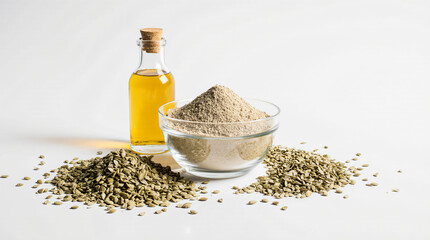 Minimalist Composition of Hemp Flour, Seeds, and Oil