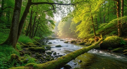 Obraz premium Tranquil Forest Stream Bathed in Golden Sunlight