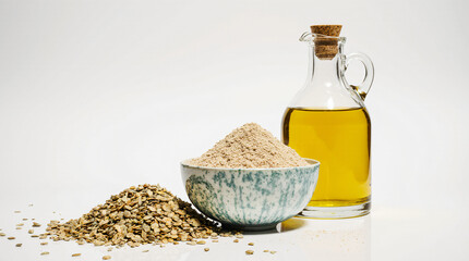 Minimalist Composition of Hemp Flour, Seeds, and Oil