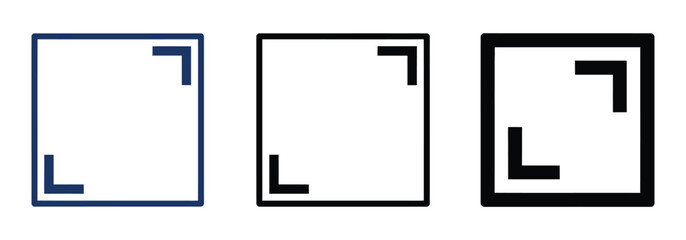 Three minimalist square corner icons in blue, black, and outlined black, perfect for design, UI, or graphic elements symbolizing borders, frames, or selection areas.