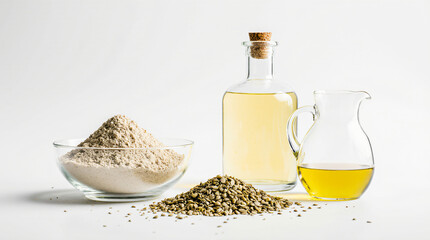 Minimalist Composition of Hemp Flour, Seeds, and Oil