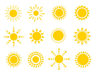 Set of 12 vector sun icons in different styles