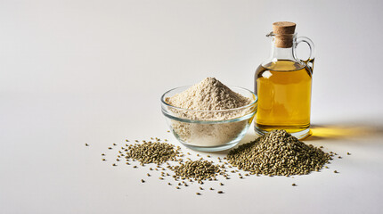 Minimalist Composition of Hemp Flour, Seeds, and Oil