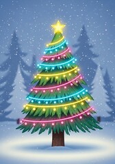 Festive Christmas tree aglow in a serene snow-covered forest scenery