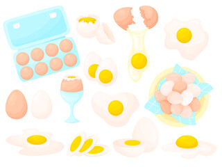 Farm eggs set of vector illustrations. Different types of chicken, boiled, fried egg, yolk and white