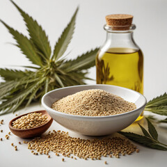 Glass bowl with hemp flour, small pile of hemp seeds, and clear glass bottle of hemp oil