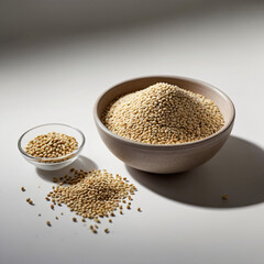 Glass bowl with hemp flour, small pile of hemp seeds, and clear glass bottle of hemp oil