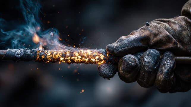 Burning stick welding electrode held in a charred leather glove, molten slag, sparks and smoke against a dark background