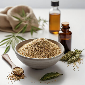 Hemp Seeds, Flour, and Oil in Wellness Kitchen Setting