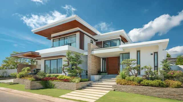 Stunning modern twostory house with clean lines, large windows, a flat roof, and a beautifully landscaped garden under a blue sky