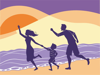 Family's Joyful Run Along the Beach at Sunset A Silhouette of Happiness and Togetherness