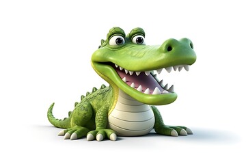 Obraz premium Cartoon crocodile character smiling joyfully on a white background, ideal for children's content
