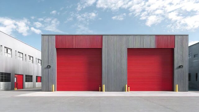 Modern industrial building with two large red rollup doors and corrugated metal siding under a cloudy blue sky