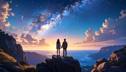 A couple stands on a mountaintop at sunrise overlooking the ocean and a starry sky