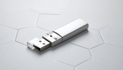 Fototapeta premium Silver USB drive on a white honeycomb tile surface