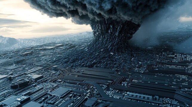 A massive storm cloud looming over a fragile circuit board, symbolizing technological vulnerability.
