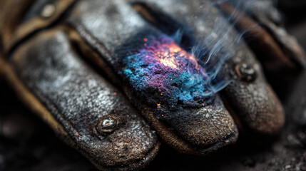 Worn welding glove smoldering with glowing embers and colorful burn marks close-up