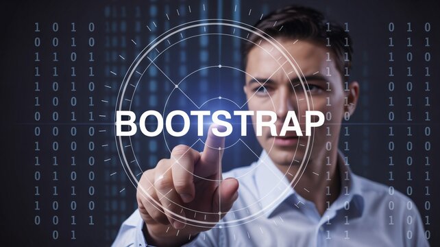 Businessman initiates bootstrap process on futuristic digital interface