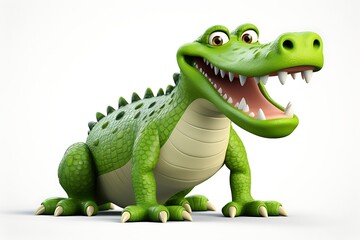 Fototapeta premium Cheerful cartoon crocodile character with a big smile, set against a plain white background