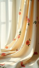 Subtle floral pattern on beige linen, sunlit drape, wedding aesthetic, ethereal, minimalist