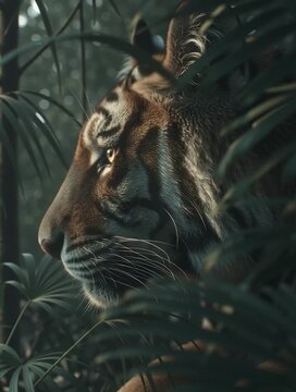 Big Tiger Stalking Silently in Dense Jungle