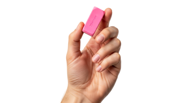 a hand presents a pink eraser erasing mistakes, embracing new beginnings, isolated on transparent background