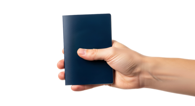 a hand presents a passport embark on your next adventure, isolated on transparent background