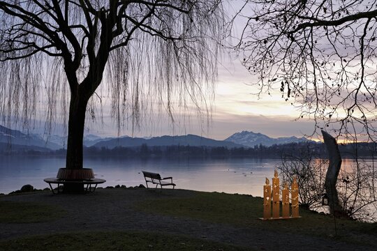 Evening mood at Lake Zug, Pilatus in the background, Cham, Canton Zug, Switzerland