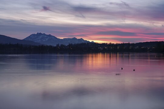 Evening mood at Lake Zug, Pilatus in the background, Cham, Canton Zug, Switzerland