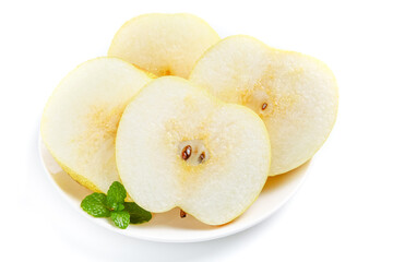 Fresh White Pear Slices with Mint Garnish on White Plate - Healthy Fruit Snack